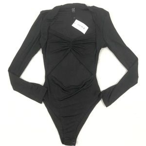 Shein X Blouse Women Large Black Slinky Bodysuit Sweetheart Neck Cut Out NWT